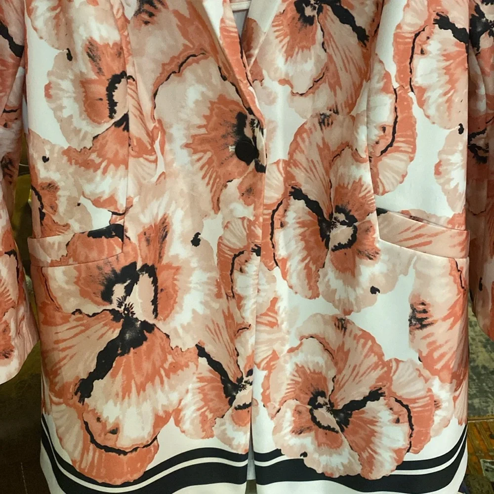 Alfani Womens XL Pink White Modern Pansy Print Pockets Long One Button Jacket - Picture 3 of 6